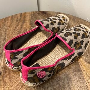 Tory Burch Leopard Espadrilles with pink trim